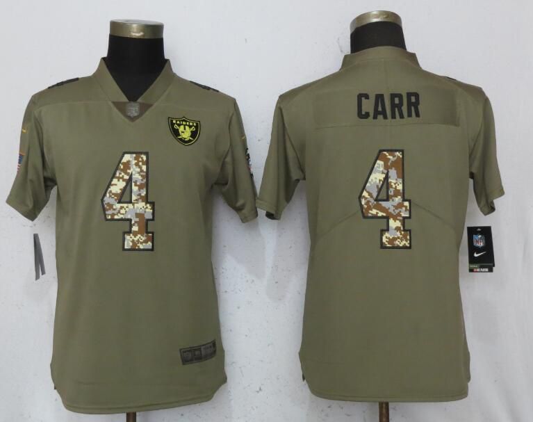 Women Oakland Raiders #4 Carr Olive Camo Carson Nike Salute to Service Player NFL Jerseys->women nfl jersey->Women Jersey